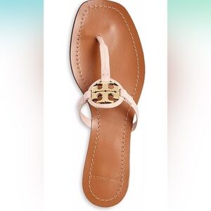 Tory Burch Pink and Tan Leather Logo Thong Sandal